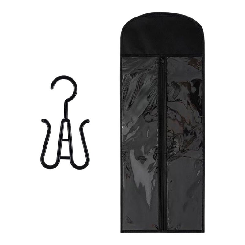 Wig storage gadget, hair extension and hair tie organizer, hanging bag, dust cover, portable for conventions, travel, and more.